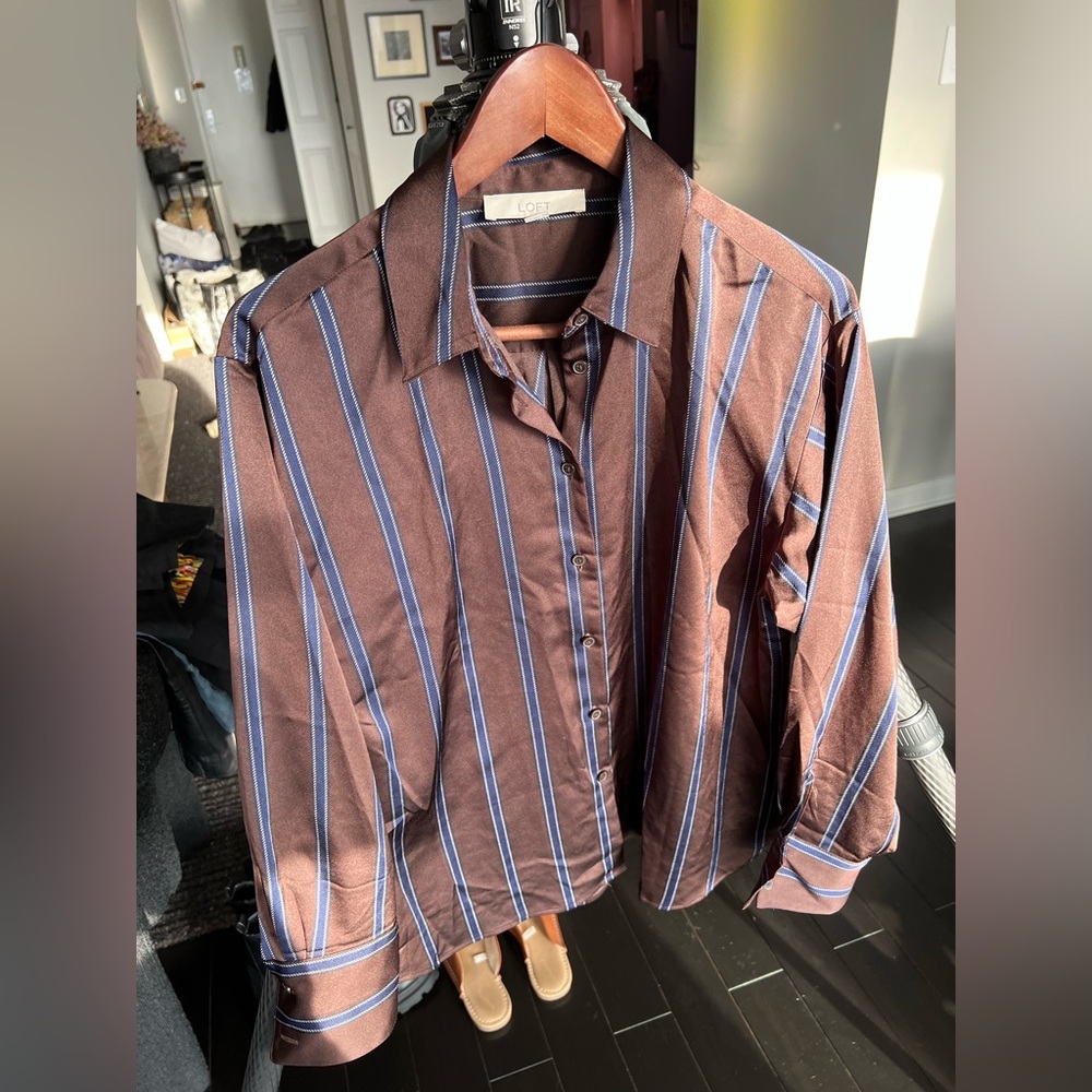 LOFT Women’s Silky Brown and Blue Striped Button-Down Shirt